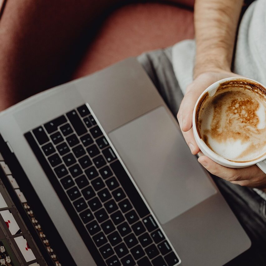 coffee, cup, coffee cup, computer, home, laptop, macbook, technology, office, business, designer, work, man, casual